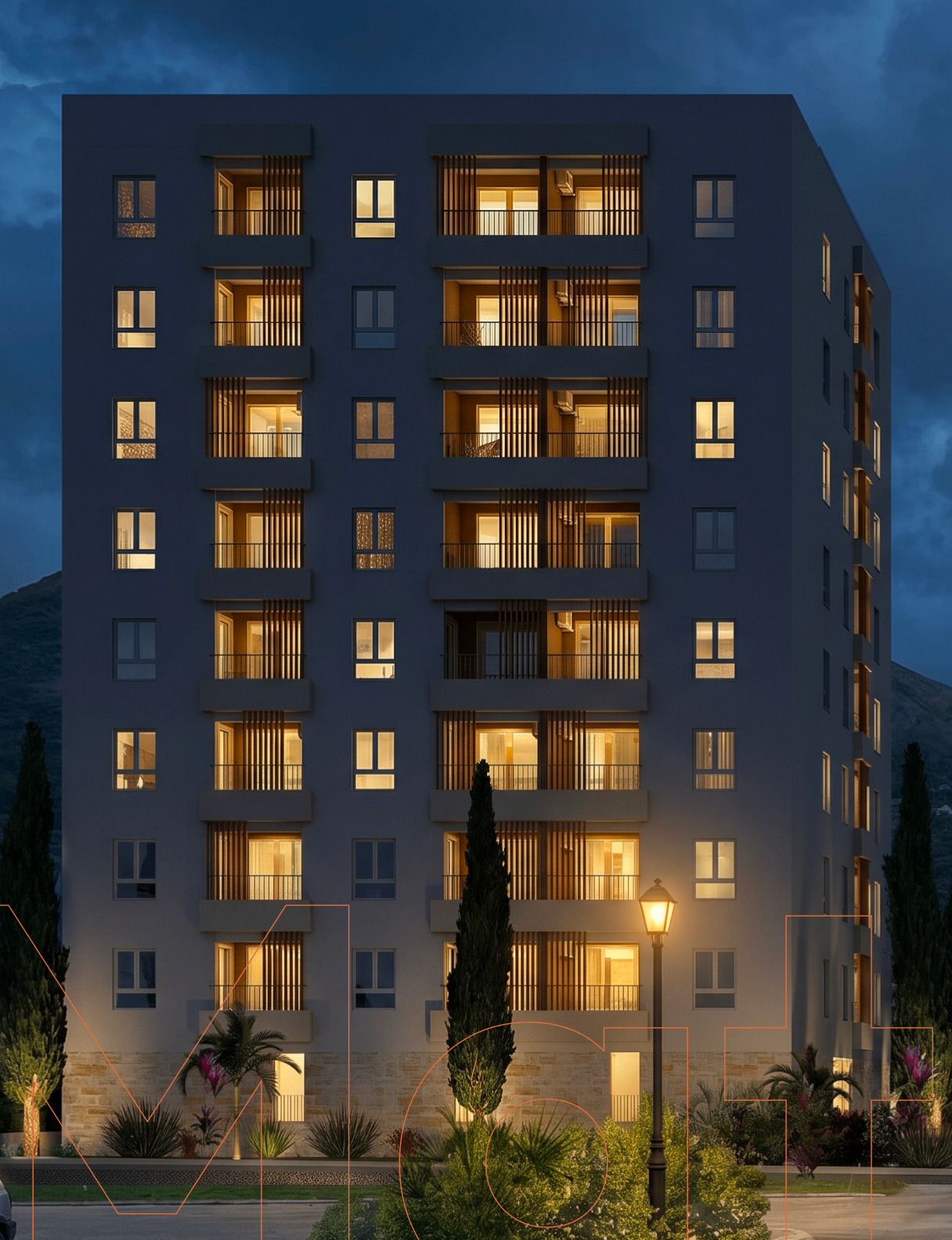 Central Residence — render po noći